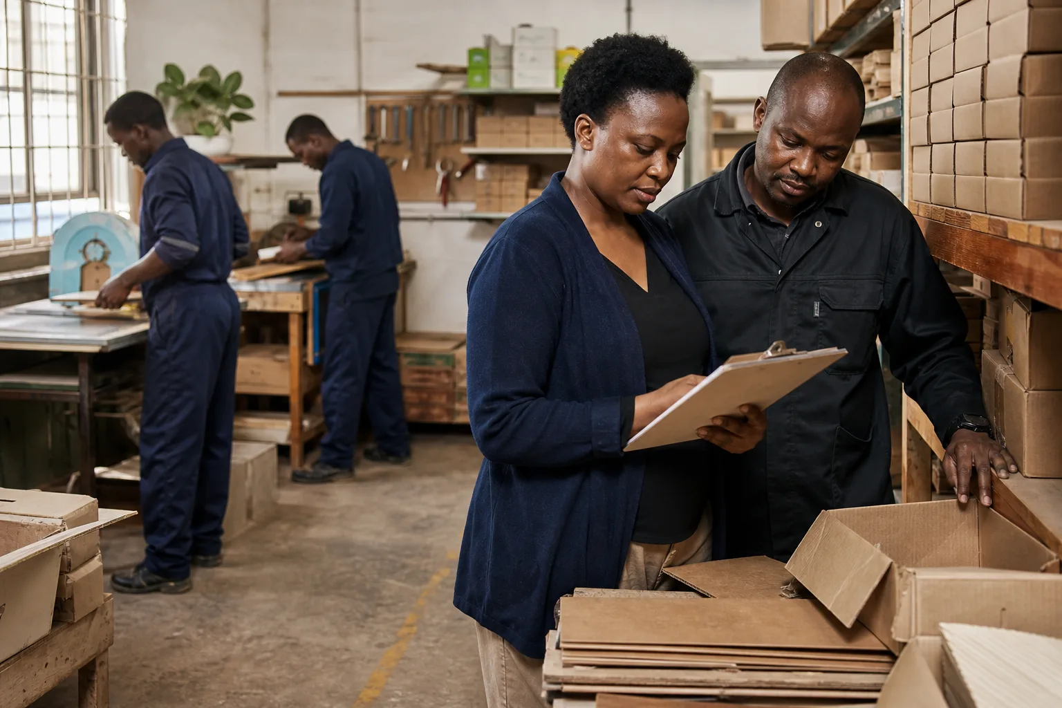 A business owner reviewing stock in a workshop